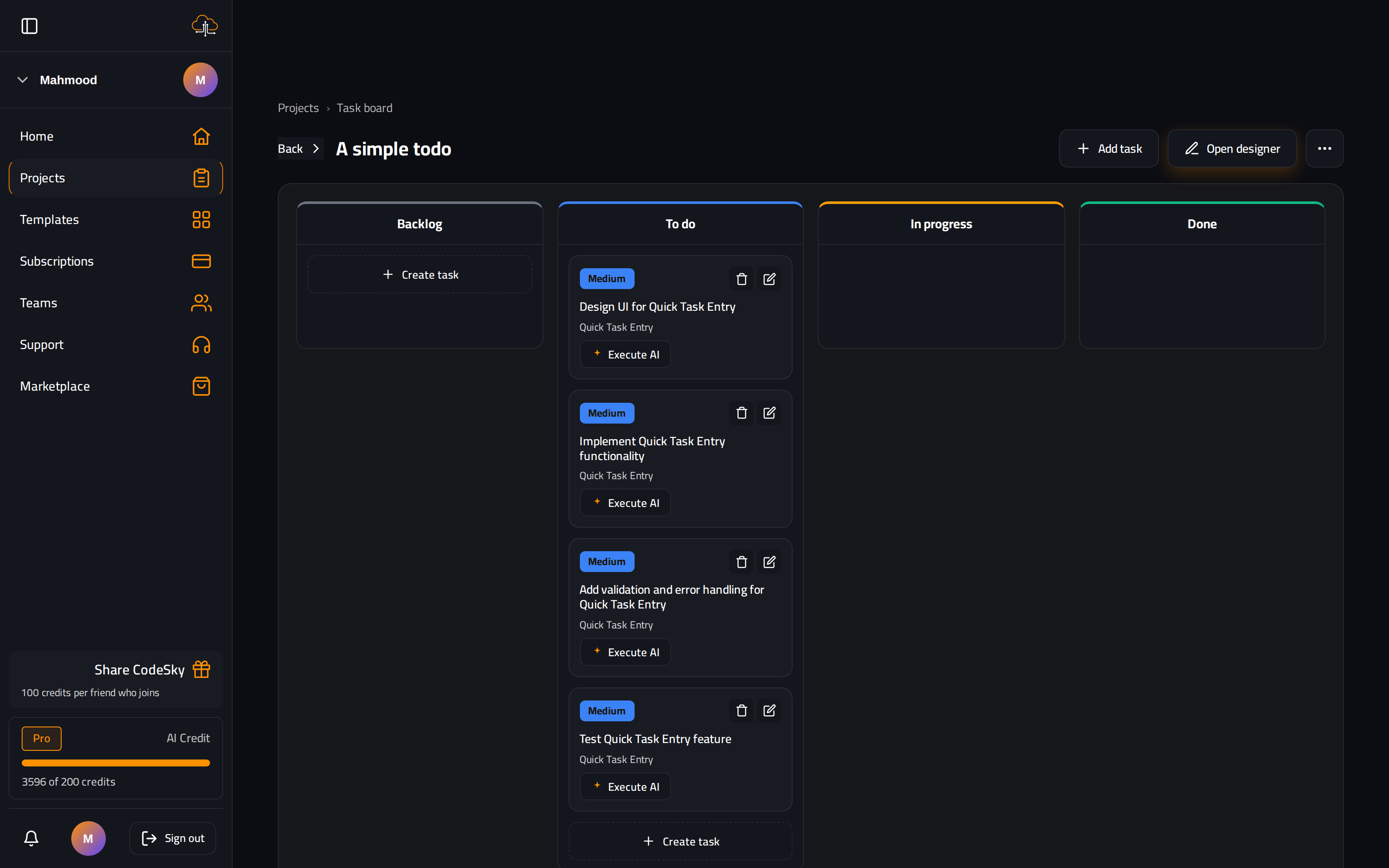 The Codesky project task board with Backlog, To do, In progress and Done columns